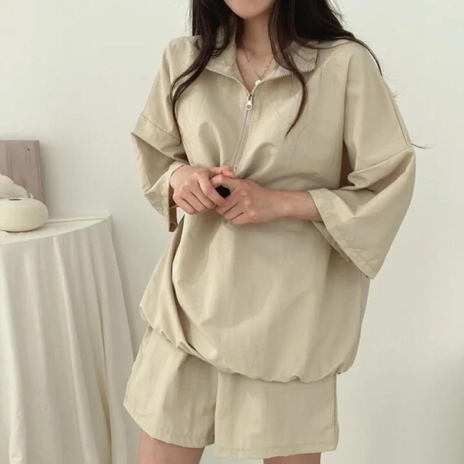 Women's Summer Chic Sports Two-Piece Set Loose Zipper Shirt Casual Outfit For Daily Wear
