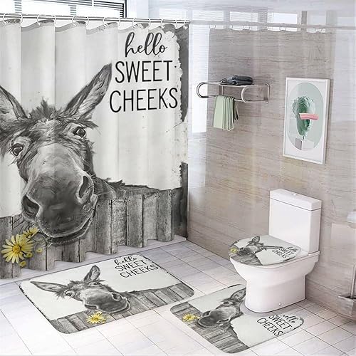 Juego de 4 cortinas de ducha con alfombrilla de baño antideslizante y alfombra de inodoro, diseño rústico de burro divertido en blanco y negro