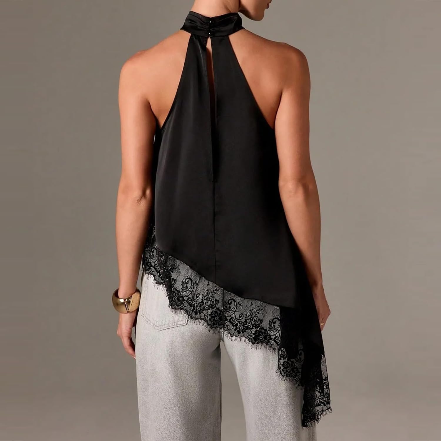 Women Satin Halter Top Y2K Mock Neck Lace Trim Asymmetrical Hem Tank Top Sleeveless Going Out Crop Tops - Image 4
