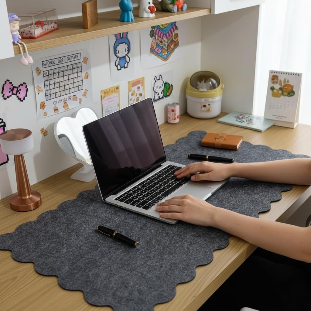 Keçe Bilgisayar Mouse Pedi Kıvrımlı 98x45 cm Antrasit Renk Çalışma Masası Düzenleyici 3 mm Kalınlık Masa Üstü Düzenleyici Mat