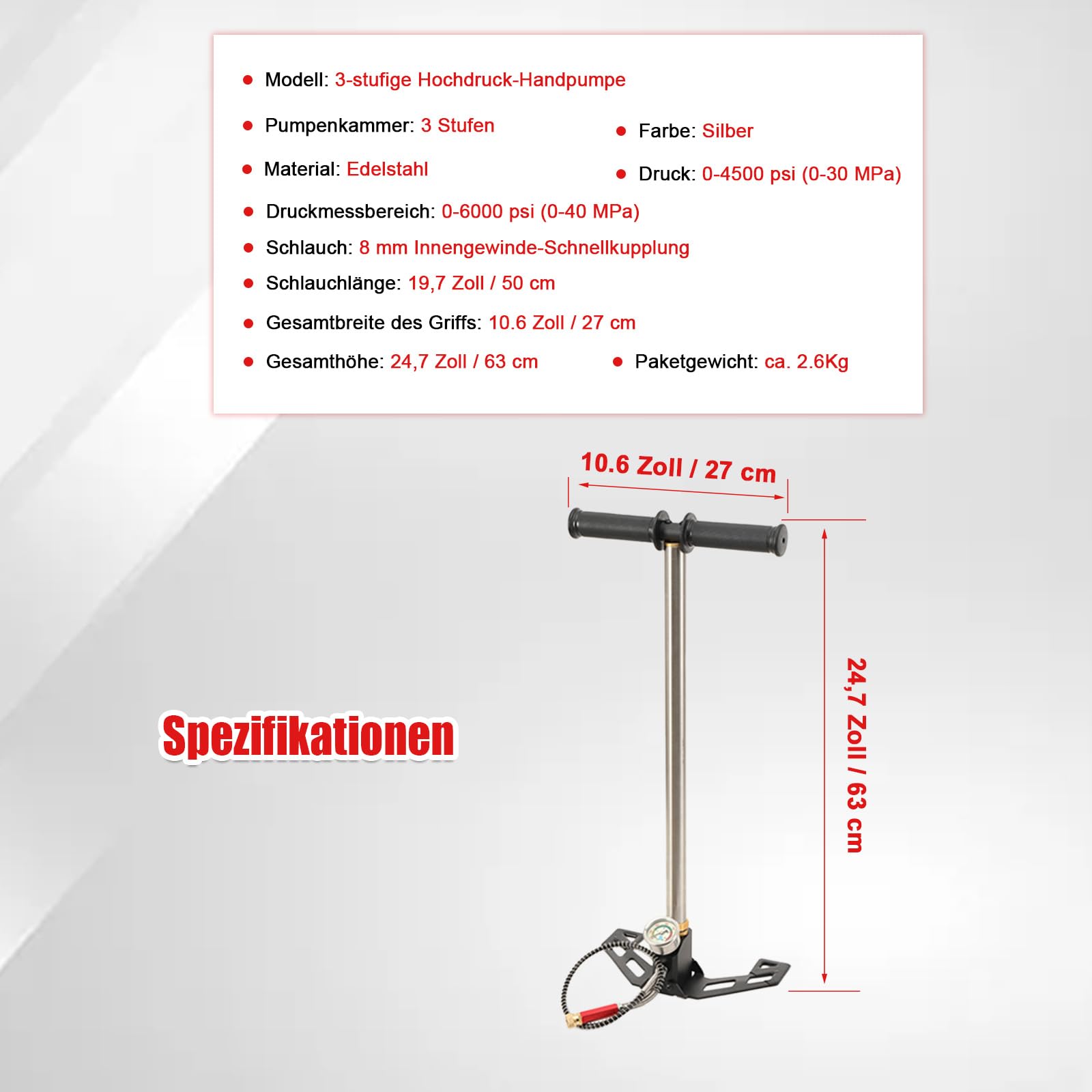 LALABU PCP-Handpumpe,Dreistufige Hochdruckluftpumpe,30 MPa 4500 PSI Hochdruck PCP Luftgewehr Füllbügelpumpe mit Manometer für Fahrrad, Luftgewehr