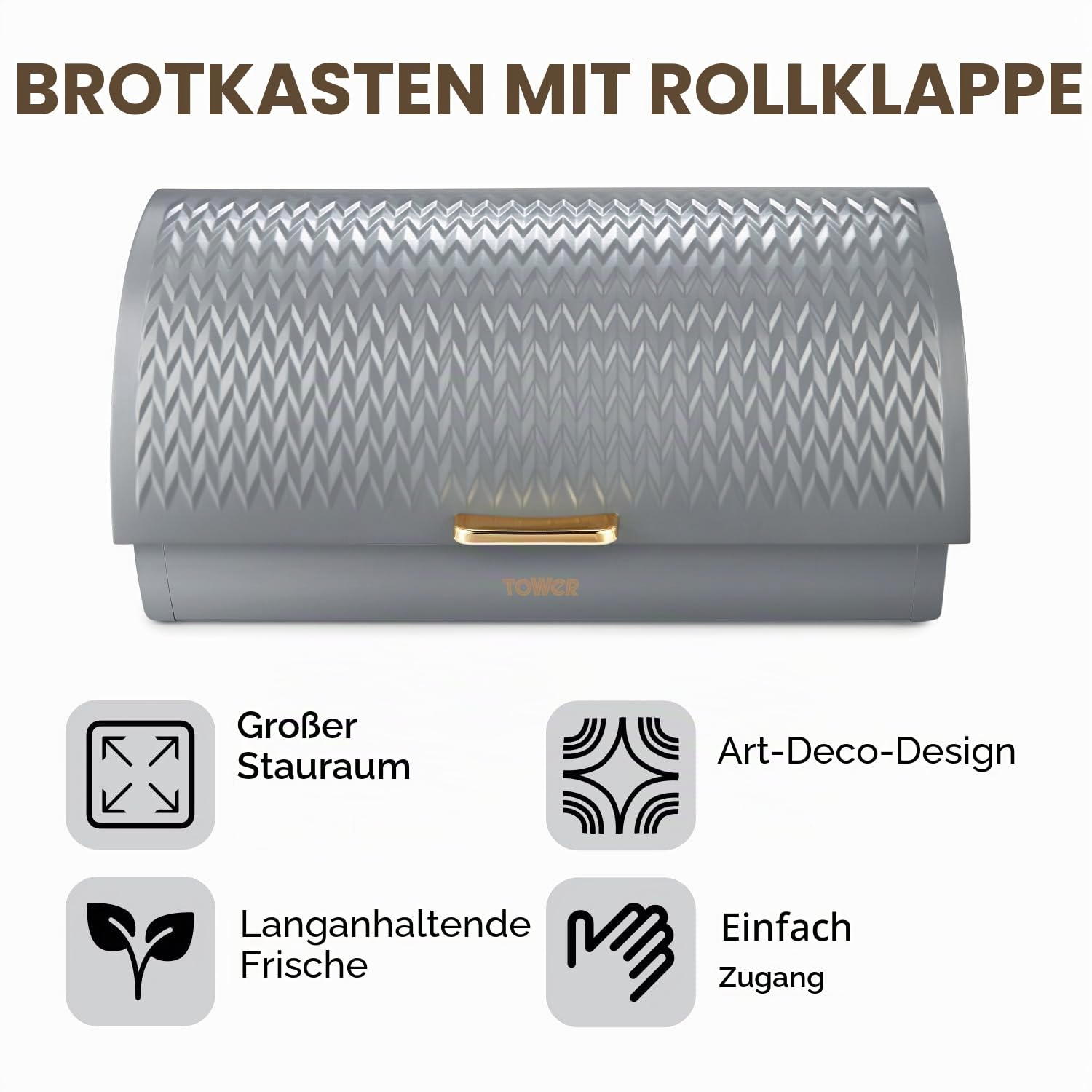 Tower T826090GRY Empire Brotkasten mit Rolldeckel, Edelstahl, Grau und Messing, Einheitsgröße