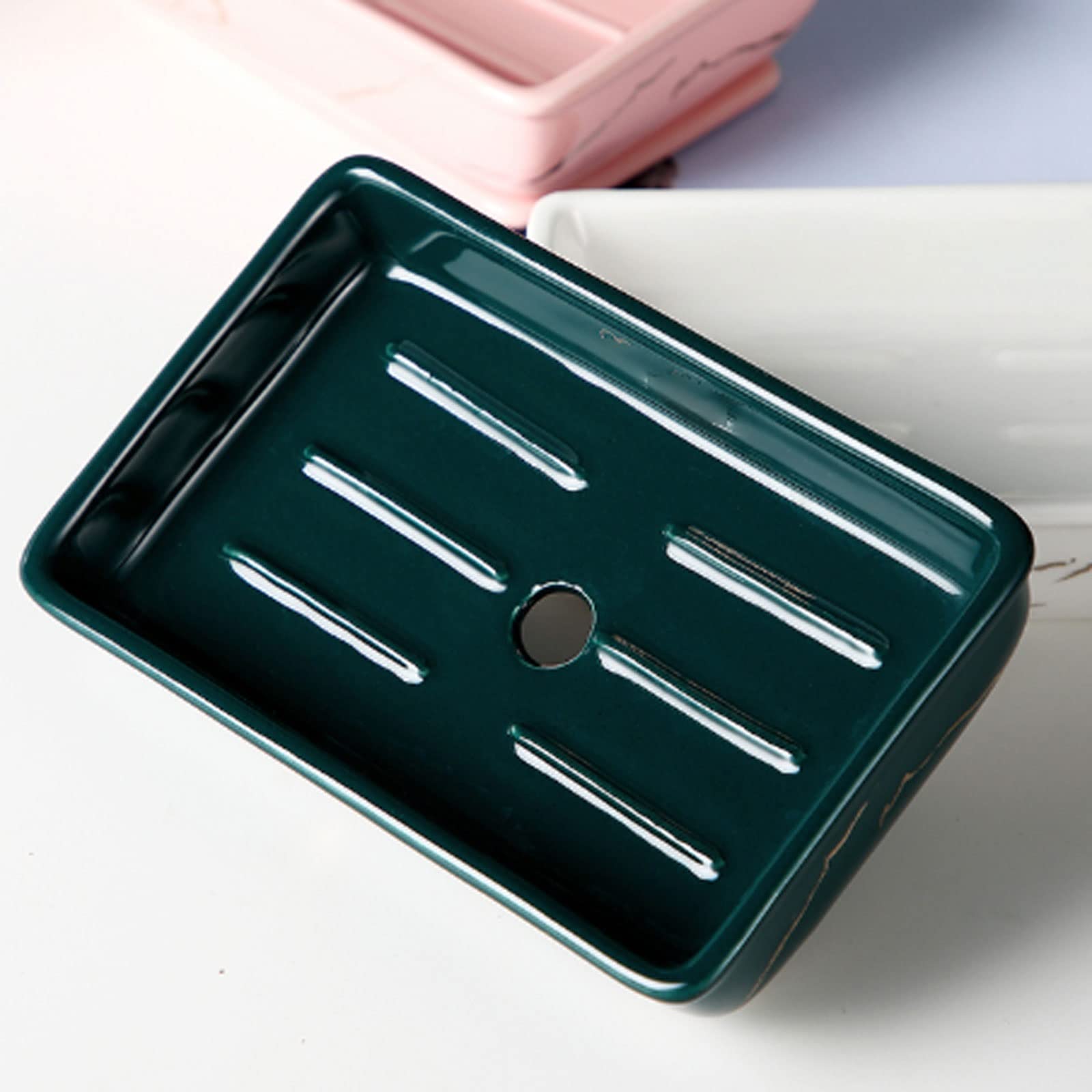 Jabonera La bandeja de jabón de cerámica verde es duradera y la bandeja tiene agujeros para el drenaje. Adecuado para baño y cocina. (13,8 x 8,6 cm)
