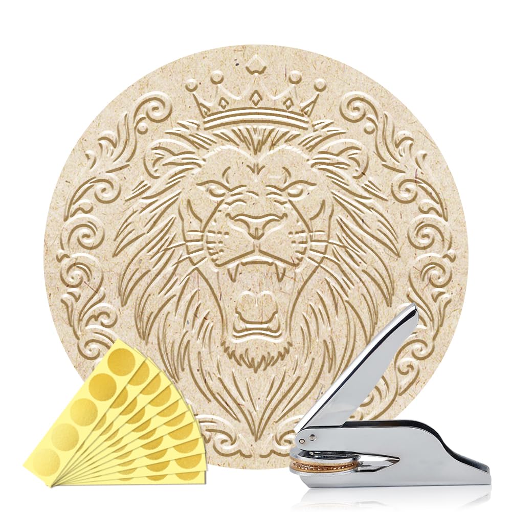 ANATTASOUL Book Embosser Personalized Lion and Flower Frame Pattern Book Stamp, Durable Library Stamp with Handle Set for Paper,Books,Envelopes,Invitation,Certificate,Gifts(100Pcs Gold Foil Stickers)