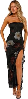 Women's Sexy Strapless Backless High Split Long Maxi Dress Ruched Off Shoulder Sleeveless Bodycon Party Cocktail Dresses