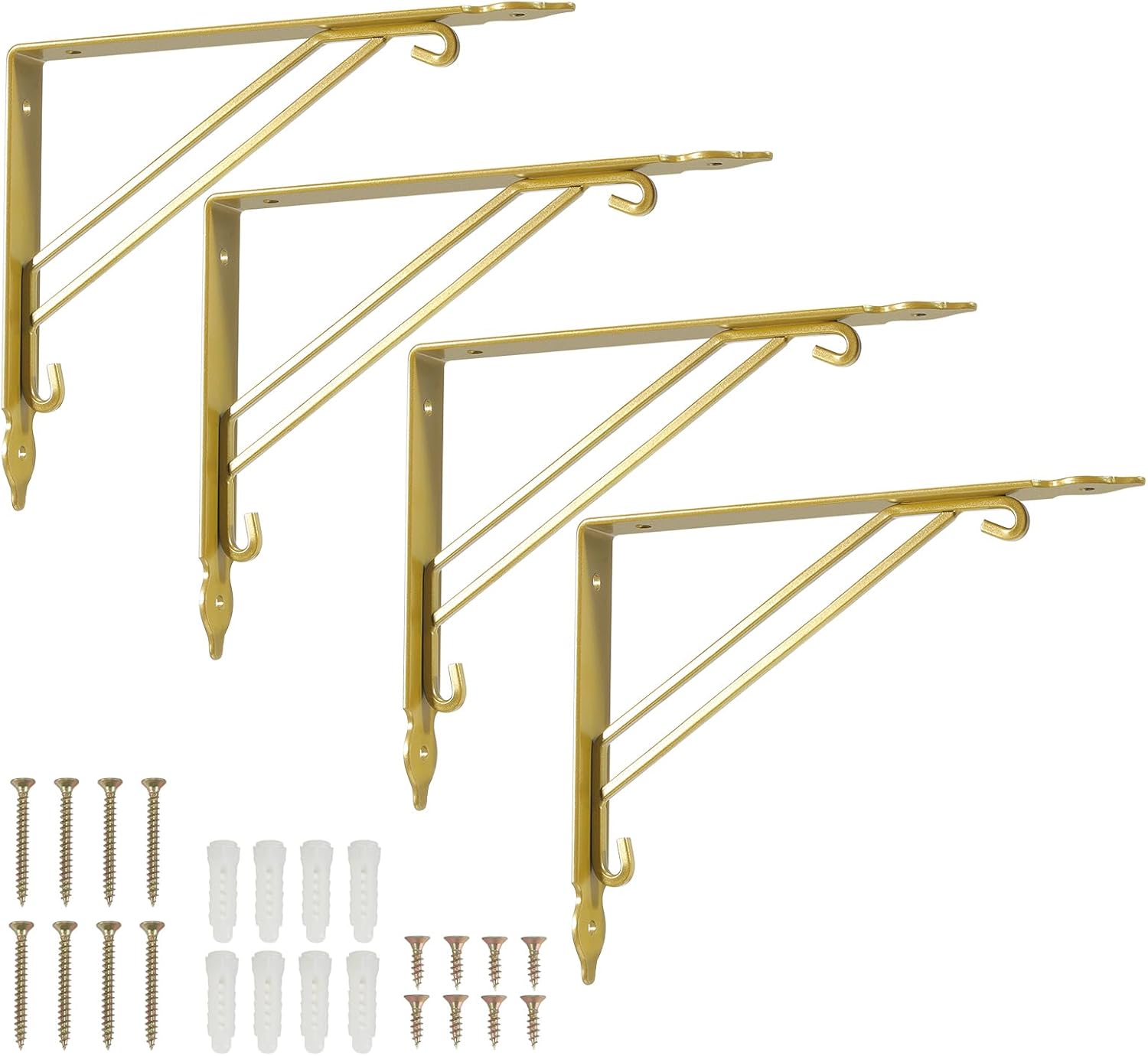 Z METNAL Gold Decorative Bracket for Shelf, 9.5 inch Brass Color Metal Shelves Brackets, Plant Holder Outdoor, Heavy Duty Modern Support Bracket for DIY Floating Shelves, 4 pcs