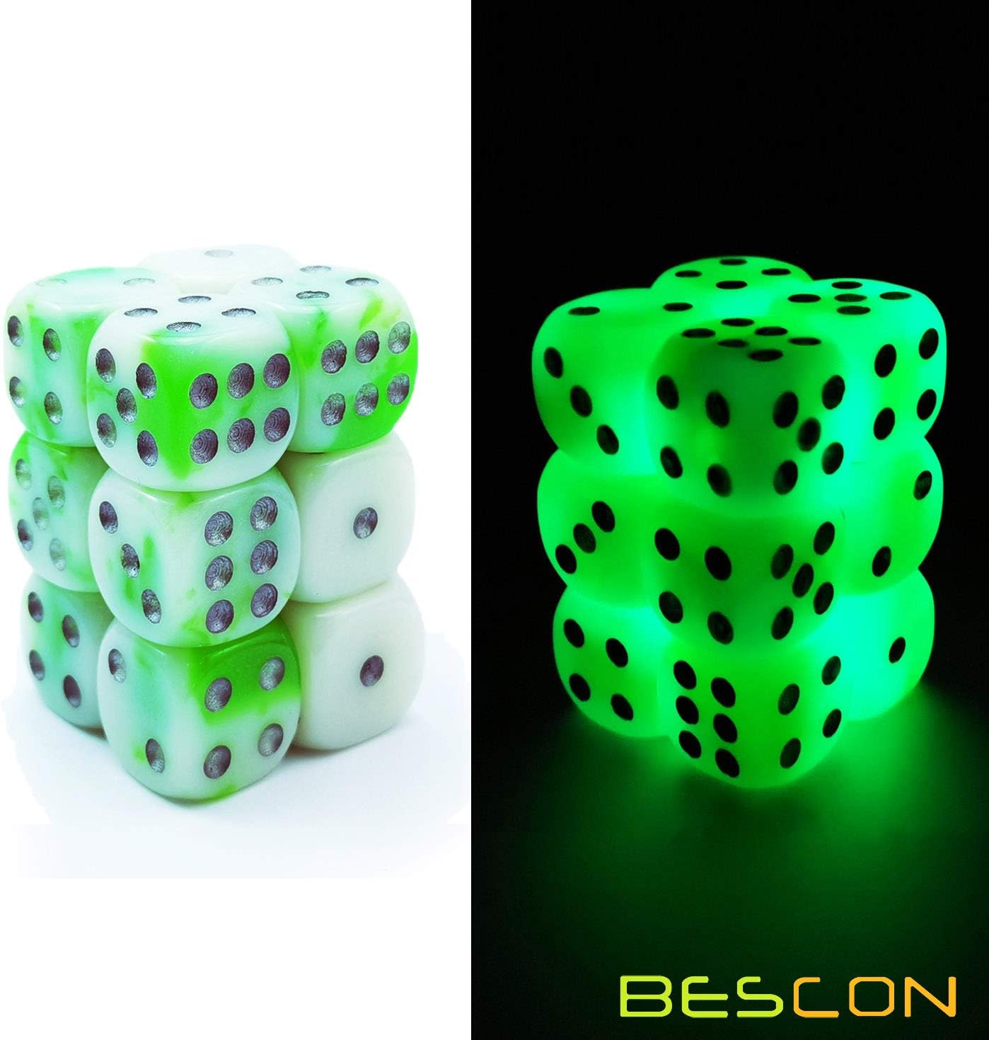 Bescon Two Tone Glowing Dice D6 16mm 12pcs Set Luminous Jade, 16mm Six Sided Die (12) Block of Glowing Dice - Image 4