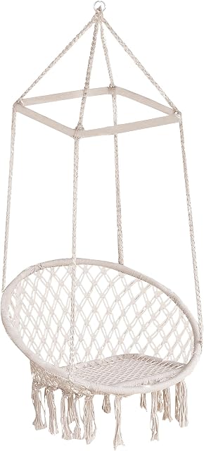 Outsunny Hammock Macrame Swing Chair Hanging Seat Rope Tassels Indoor Outdoor Garden Solid Knitted Woven Net Seat Deck Porch Yard Beige