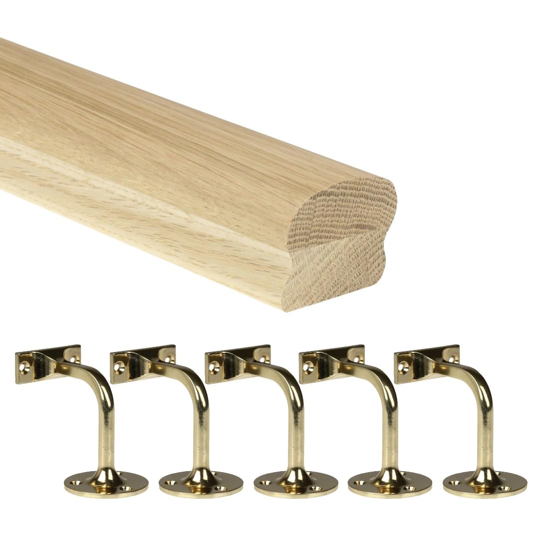 Jackson Woodturners Oak/Brass Cottage Loaf Handrail Kit 66X45mm Engineered With Wall Brackets – Various Lengths 1800Mm 2400Mm 3600Mm 4200Mm (4200Mm + 5 Wall Brackets)