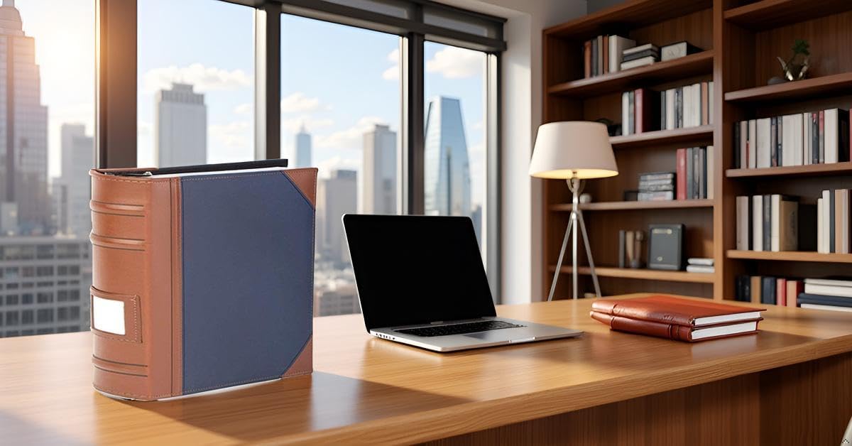 Executive Binder, English Leather 2 Tone with Stitching and Ribbed Spine, Heavy Duty 3 D-Ring with Memo Tag, Blue (3" inch, 1PK)