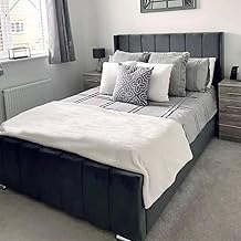 Wing Panel Upholstered Bed Frame. Velvet Crushed/Plush Bed Frames With Winged Panelled Headboard. Wingback Padded Head Board For Bedroom (5ft King Size, Grey Plush)