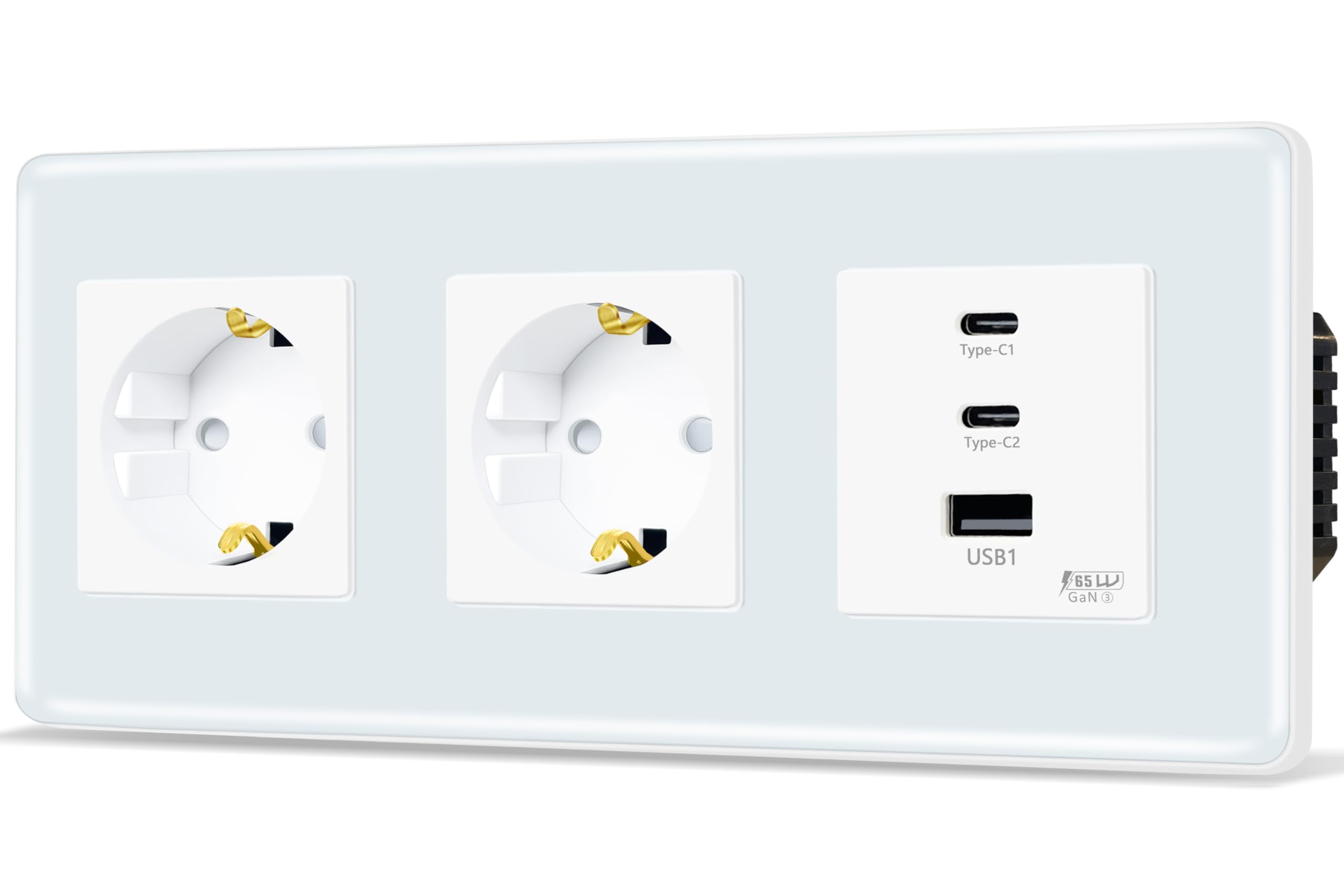 TAWOIA Schuko Steckdose Mit 65W Type C und USB Schnelllade Schnittstelle für Mobiltelefone, Tablets und Laptops,2 Fach Unterputz Mit 2,5D Curved Glas Platte, Wandsteckdosen Weiß 86 * 228mm