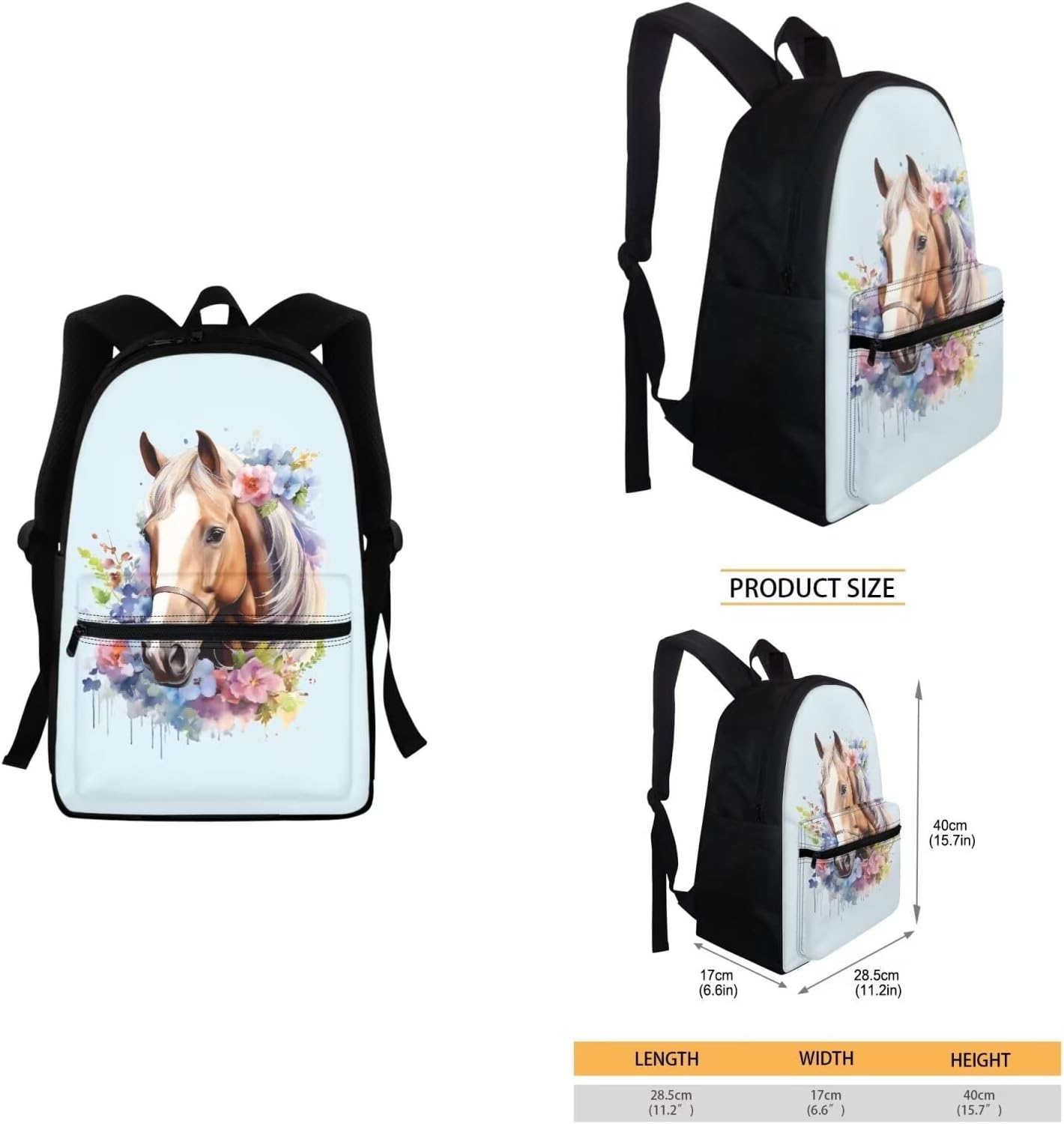 GIFTPUZZ Horse Backpack Set 4 Pieces Large Capacity Daypack with Lunch Bags+Rectangle Pencil Case+Wristband Keychain Blue Outdoor Knapsack
