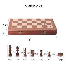 GSE Games & Sports Expert 15 Large Wooden Folding 2-in-1 Chess and Checkers Board Game Combo Set, Portable Travel Board Games Chess Checker Set