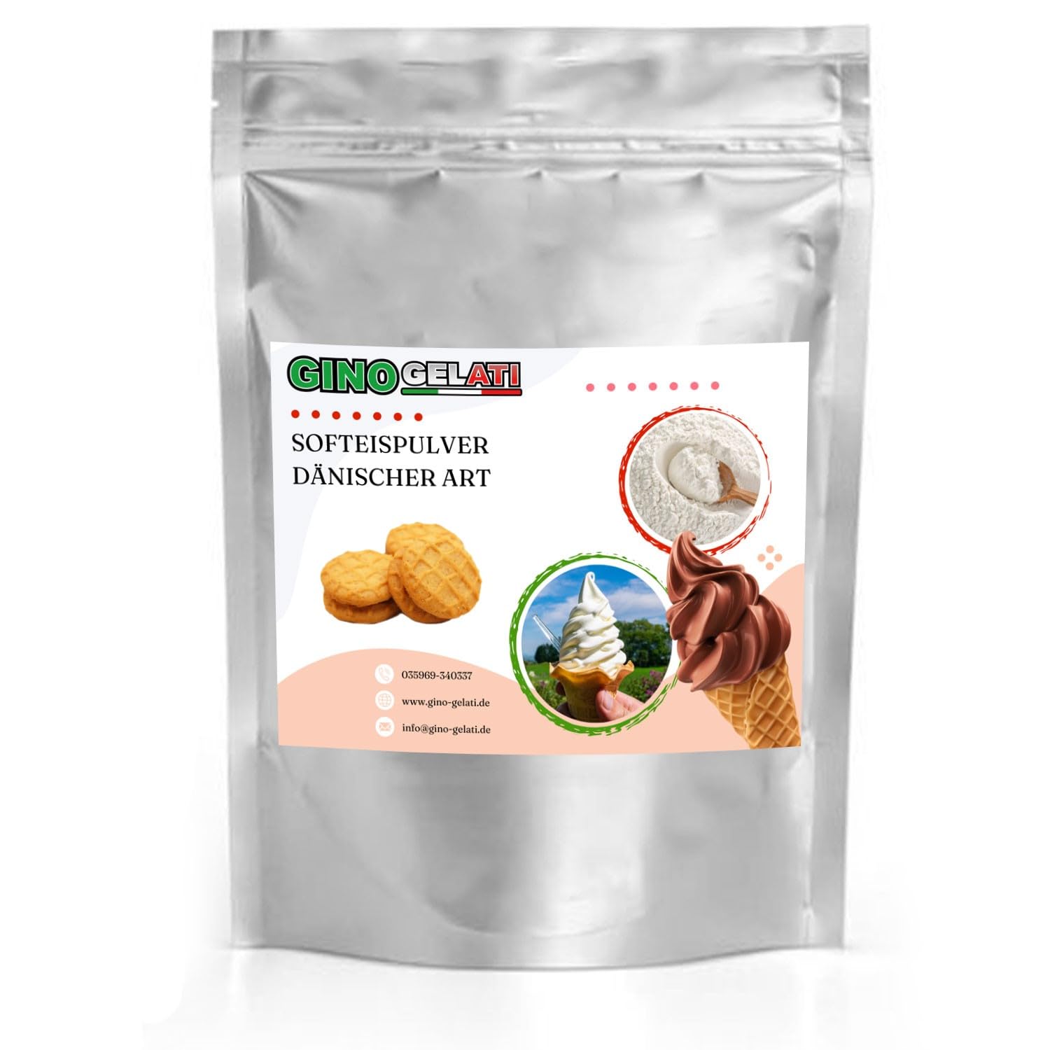 Gino Gelati Keks Cookie Dänisches Softeis Pulver, schnelle und einfache Zubereitung, Made in Germany, Herstellung mit oder ohne Eismaschine möglich, Vegan (1 Kg, Keks Cookie)