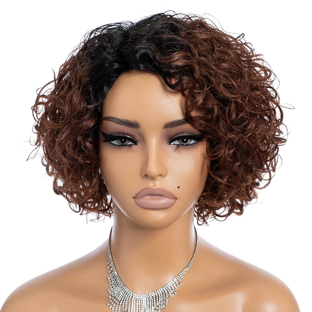 Rebecca Fashion Short Curly Human Hair Wigs for Black Women Cute Curly Bob Wig Side Part Brazilian Remy Non Lace Glueless Wigs Natural Looking Ombre