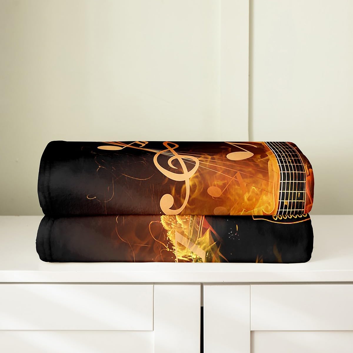 Electric Guitar Fleece Blanket,Rock Music Theme Guitar Musical Notes Bed Blanket for Kids Teens,Neon Yellow Glowing Modern Artistic Flannel Blanket for Room Decor,Queen 90"x90"