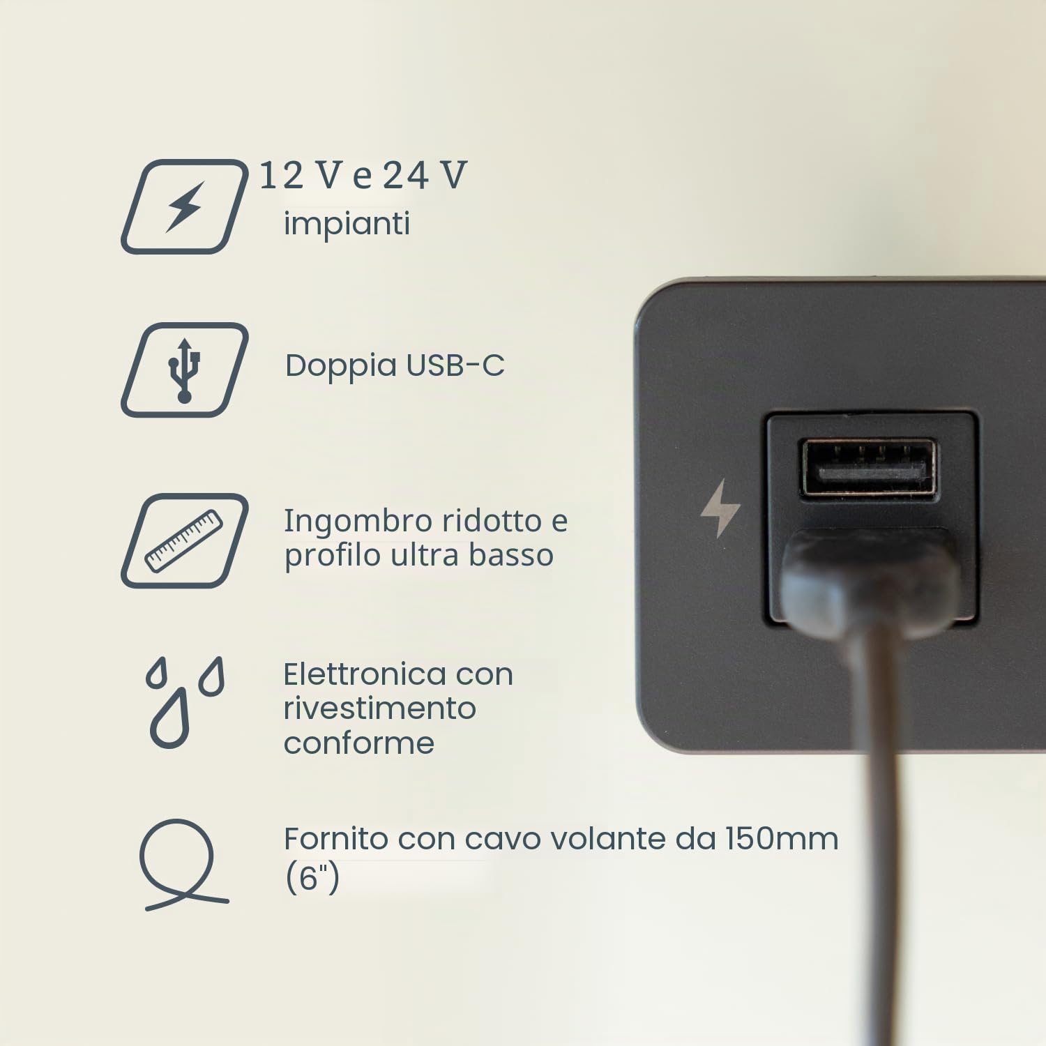 Scanstrut SC-TILE-20 Presa di Ricarica USB-C Doppia da Incasso 10-32 V | Fino a 36 W a 12 V/60 W @ 24 V | Profilo Ultra Basso 40 mm | Lunetta Nera | Caricatore USB-C Interno per Marine e Camper