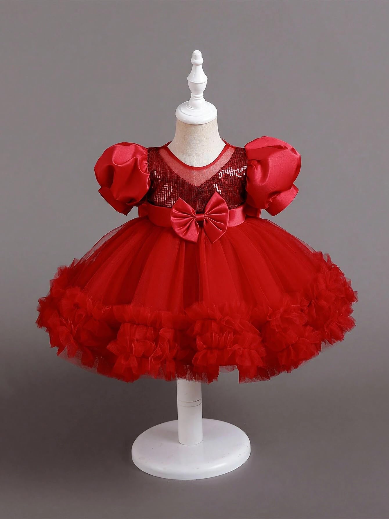 Niren Enterprise Rollar Frock net Embroidery Work Ruffle Patterned Flared Short Sleeve Girl Frock, Pack of 1 (ROLLAR Frock, 1-2Y) Maroon - Image 2 thumbnail