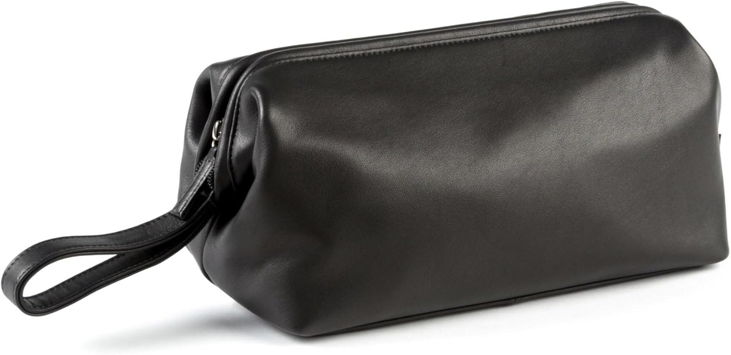 Leatherology Black Onyx Framed Toiletry Bag – Full Grain Leather Dopp Kit for Men with Wide-Mouth Opening, Interior & Exterior Zippered Pockets, Water-Resistant Lining