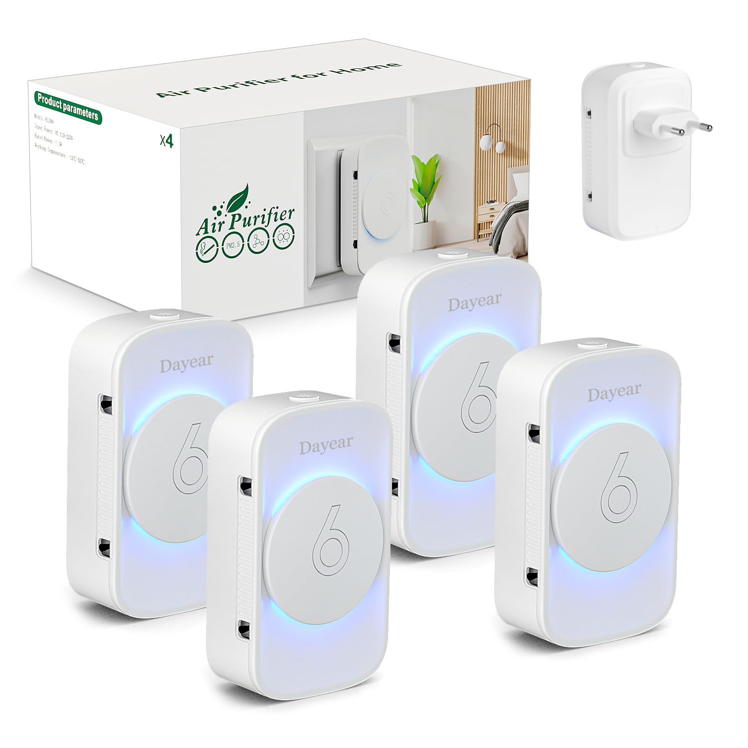 Purificatore d'aria per Bedroom, Dayear Mini Air Purifier Plug-in Negative Ion Air Purifier per la casa, 3 modalità di illuminazione a LED,adatto per servizi igienici, Living Room/Pet Room/4 pezzi