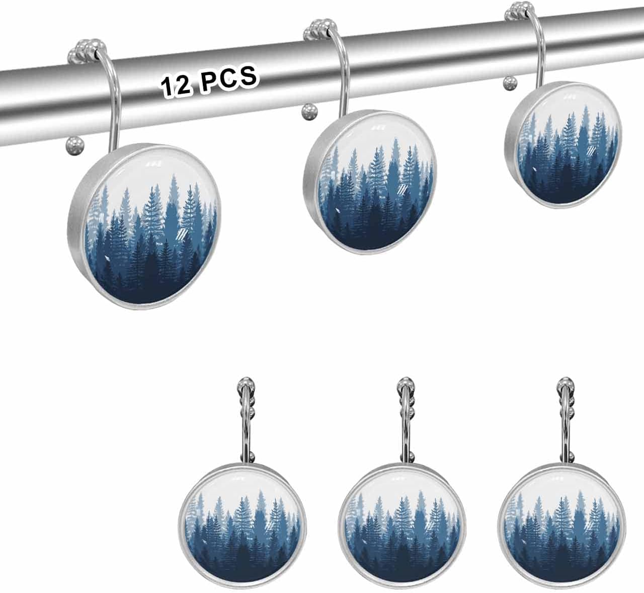 Shower Curtain Hooks 12 Pcs, Forest Tree Silhouette Blue Abstract Gradient Stainless Steel Rust Proof Rolling Shower Curtain Rings, Decorative Shower Curtain Hooks Hangers for Bathroom, Bath Ball