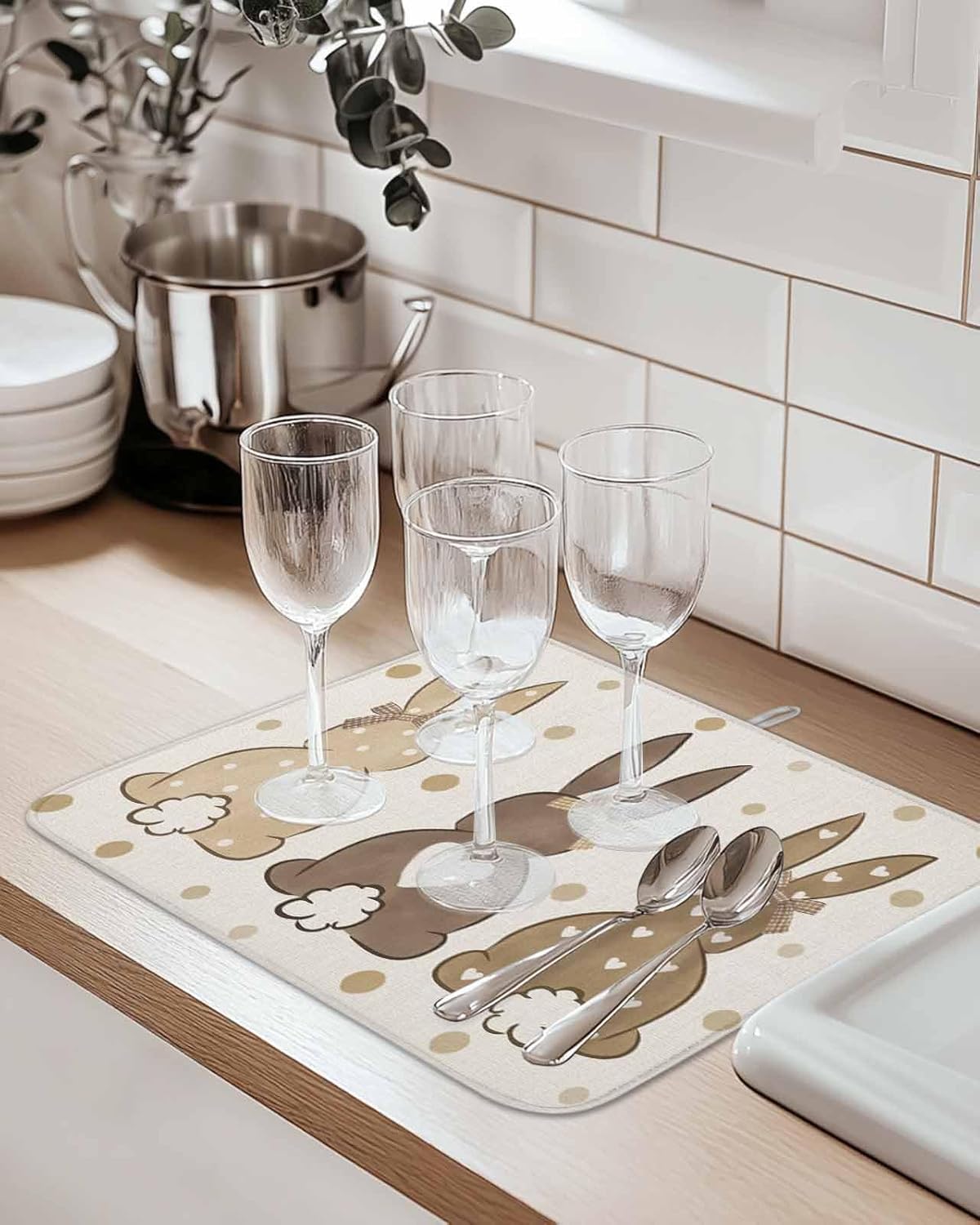 Easter Bunny Bow Drying Mats for Kitchen Counter 2 Pcs, Khaki Polka Dot Microfiber Absorbent Dish Drainer/Rack Mat,Reversible Hangding Quick Drying kitchen Decor,16x18 Machine Washable