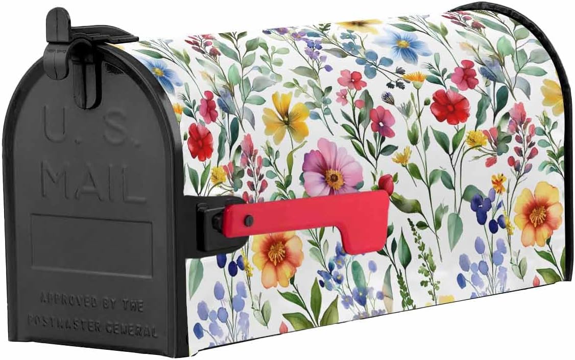 Spring Flower Mailbox Covers Magnetic Standard Size, Retro Farm Summer Leaf Plant Watercolor Decorative Post Letter Numbers Box Wrap Decoration Covers Small Accessories for Garden Yard Outdoor Décor