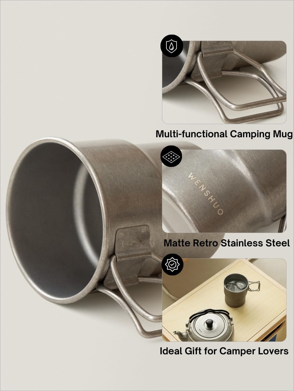 WENSHUO Outdoor Folding Cup,Small Camping Mug,Vintage Stainless Steel,10.14 fl oz (300 ml)