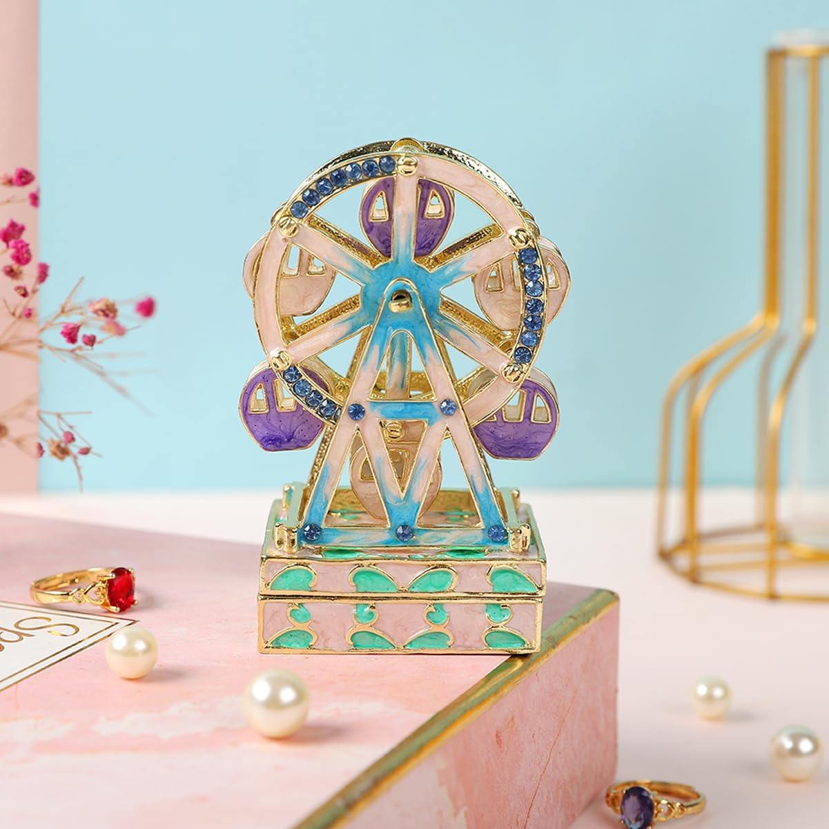 Lucky Ferris Wheel Shape Trinket Box Hinge Hand-Painted Small Jewelry Boxes Enamel Wedding Favor Craft Gift for Women