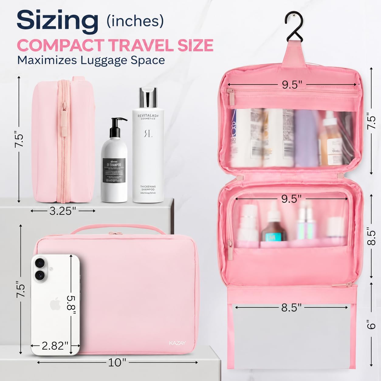 KAZAY Hanging Toiletry Bag with TSA Approved Detachable Pouch, COMPACT TRAVEL SIZE BAG, Travel Toiletry Bag, Water Resistant, Premium Nylon, Travel Size Toiletries, Cosmetic Bag, Makeup Bag (Pink) image 2