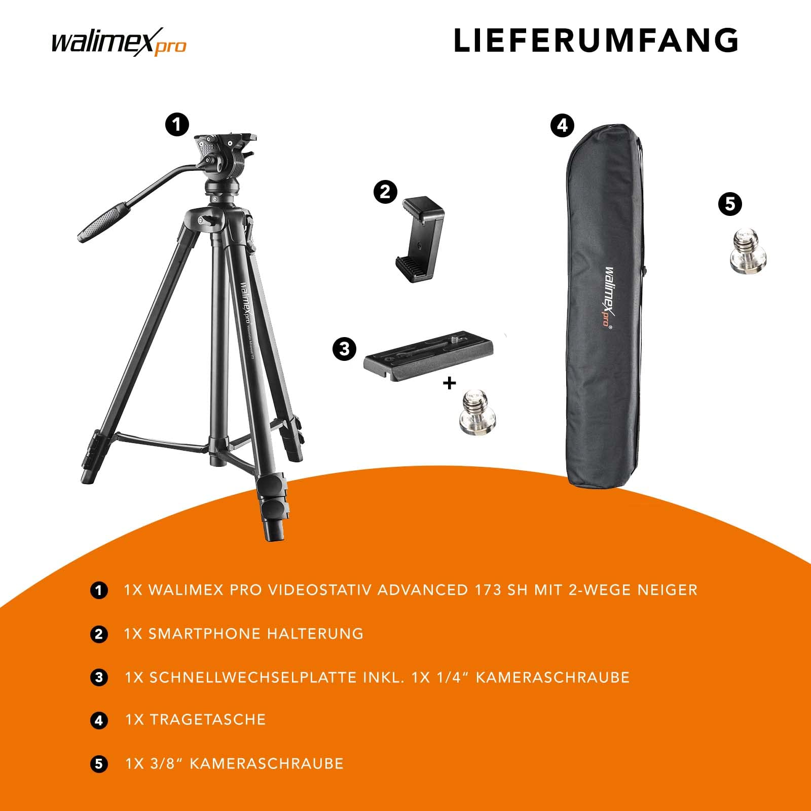 Statyw wideo Walimex pro z uchwytem na smartfon i torbą I Zaawansowany, 173 cm, lekki i stabilny I 2-kierunkowa głowica obrotowa z funkcją panoramy 360° i blokadą obrotu I do lustrzanek cyfrowych