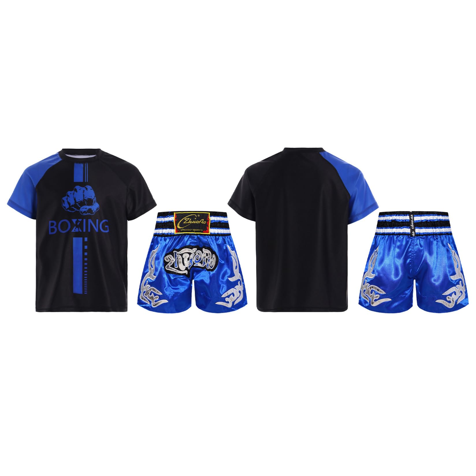 Runhomal Enfant Garçons Short de Boxe MMA Kickboxing Combat Arts Martiaux Entraînement Compétition Ensemble de Sport 5-16 Ans