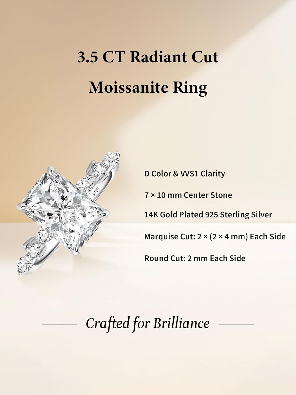RODIFFY 3.5 Carat Elegant Radiant Cut Moissanite Engagement Ring for Women, S925 Silver Lab-Created D Color VVS1 Clarity Moissanite Promise Ring with 14K Gold Plated