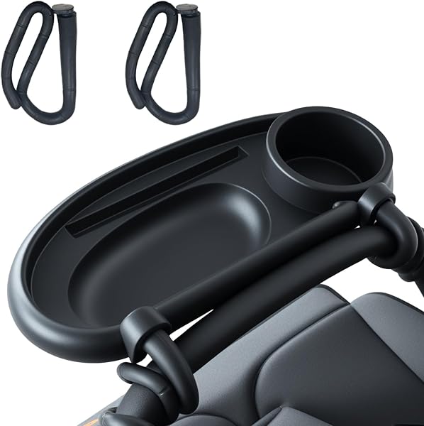 FxlStelrion Bandeja para Cochecito de Bebé, Bandeja 3 en 1 para Aperitivos, Bandeja Universal Extraíble, Soporte para Teléfono con Portavasos, Accesorios para Cochecitos con Reposabrazos(Negro) - 1