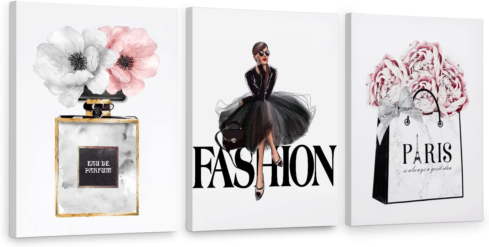 Framed Fashion Women Canvas Wall Art for Girls Bedroom Decor, Flower Modern Pink Wall Art , Perfume Handbag Prints Wall Pictures Dorm Decor, Gift for Woman Gift for Girls. Set of 3. 12x16 in – (Ready to Hang)