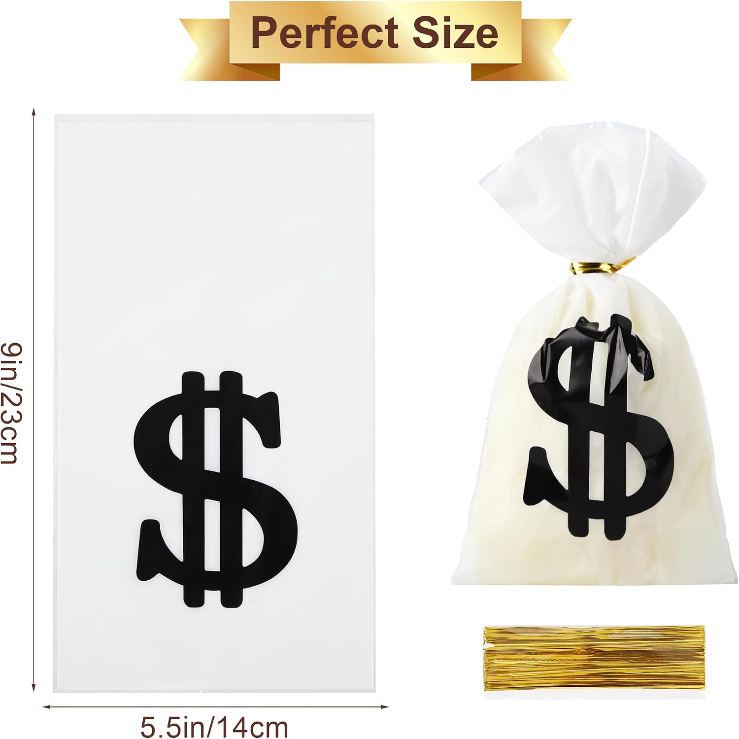 Mikzhskr 30 Pcs Money Treat Bags with Dollar Sign, Gold Twist Ties, Prop Bank Pouch Cellophane Candy Bag for Pirate Cowboy Cosplay Theme Party Supplies (9 x 5.5 Inch)