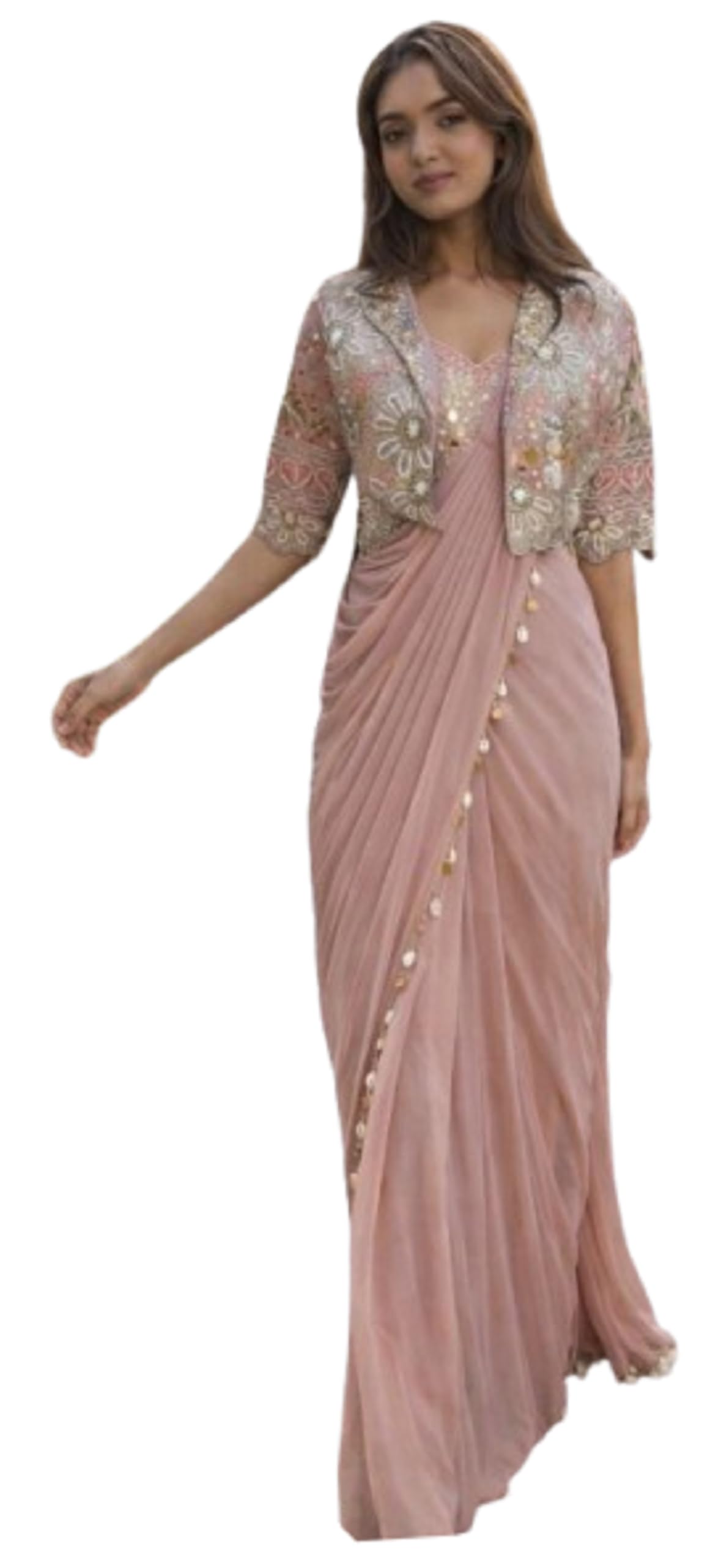 Ready To Wear Indo Western Drape Saree & Koti Set For Womens Bollywood Style Satin Creap Silk fabric With Multicolor Embrodery Cording Sequance Work Light Piech-image-36