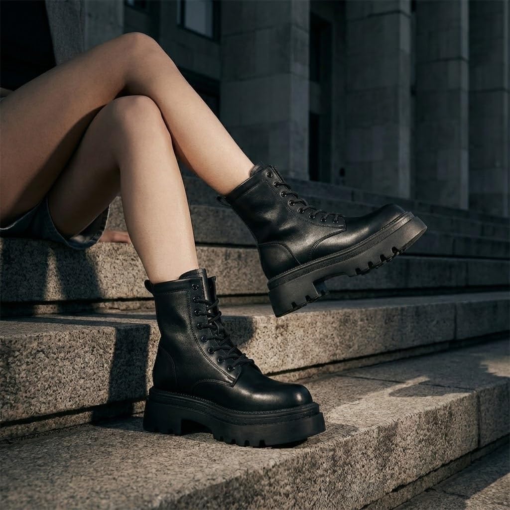 Women's Mid-Calf Lace Up Boots Chunky Wedge Heel, Platform Round Toe Booties for Women, Casual Walking Shoes US Size