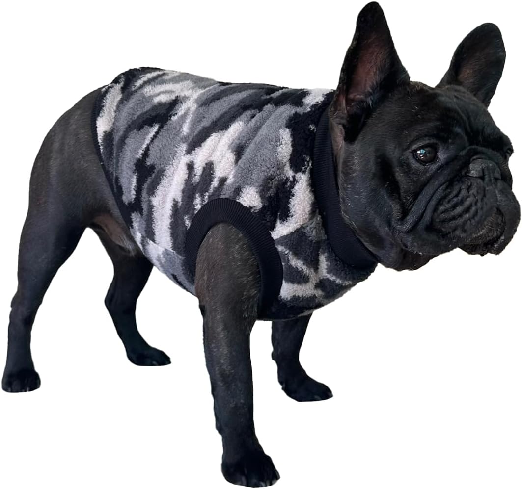 フレンチブルドッグ服 犬用 居心地の良い暖かいフリース カモフラージュセーター 防寒コート 秋冬(2XL、B グレー迷彩)