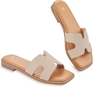 Sandals for Womens Slip On Fashion Flat Sandals Soft Memory Foam Slides Comfortable Leather Open Toe Slide Summer Dressy Nude Size 8