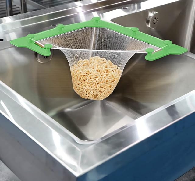 Kytpyi Sink Strainer Net Sink Bag, 100pcs Sink Strainer Bag Net, with 1pc Triangular Green Rack Triangular Sink Filter Leftovers Filter Basket Fine Mesh Bag for Kitchen Food Waste Leftover Garbage