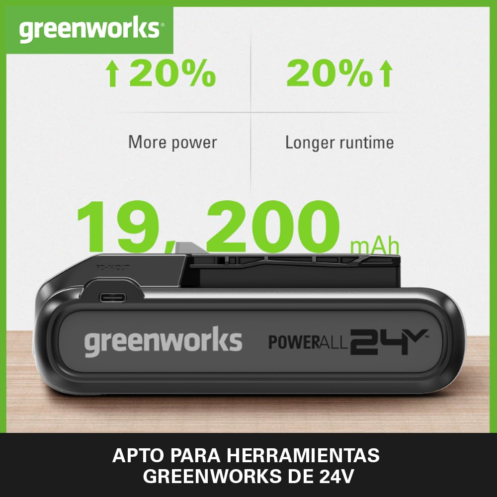 Greenworks Batería de 24 V y banco de energía tipo C. Batería original para todas las herramientas inalámbricas de jardín y eléctricas de 24 V. Potente batería de iones de litio, carga rápida