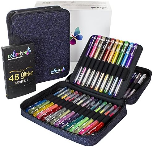ColorIt Gel Pens For Adult Coloring Books 96 Pack - 48 Artist Premium Quality Gel Marker Pens, 48 Matching Refills (96 Count Glitter Pens)