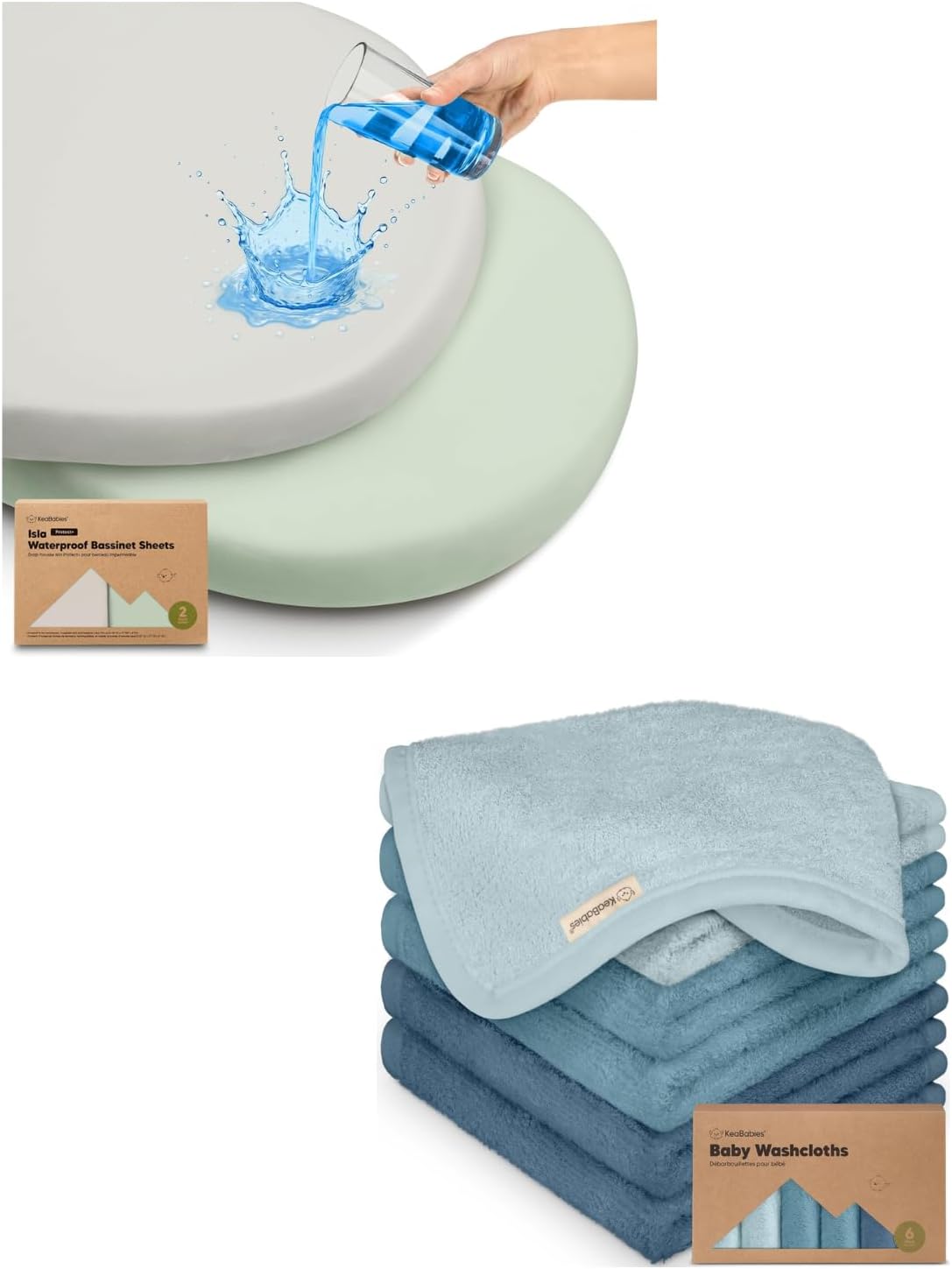 KeaBabies 2-Pack Waterproof Bassinet Sheets for Girls, Boys and Baby Washcloths for Newborn, Kids - 33x17 Universal Baby Mattress Pad Protector Cover, Soft, Absorbent Bath Cloth and Face Towel