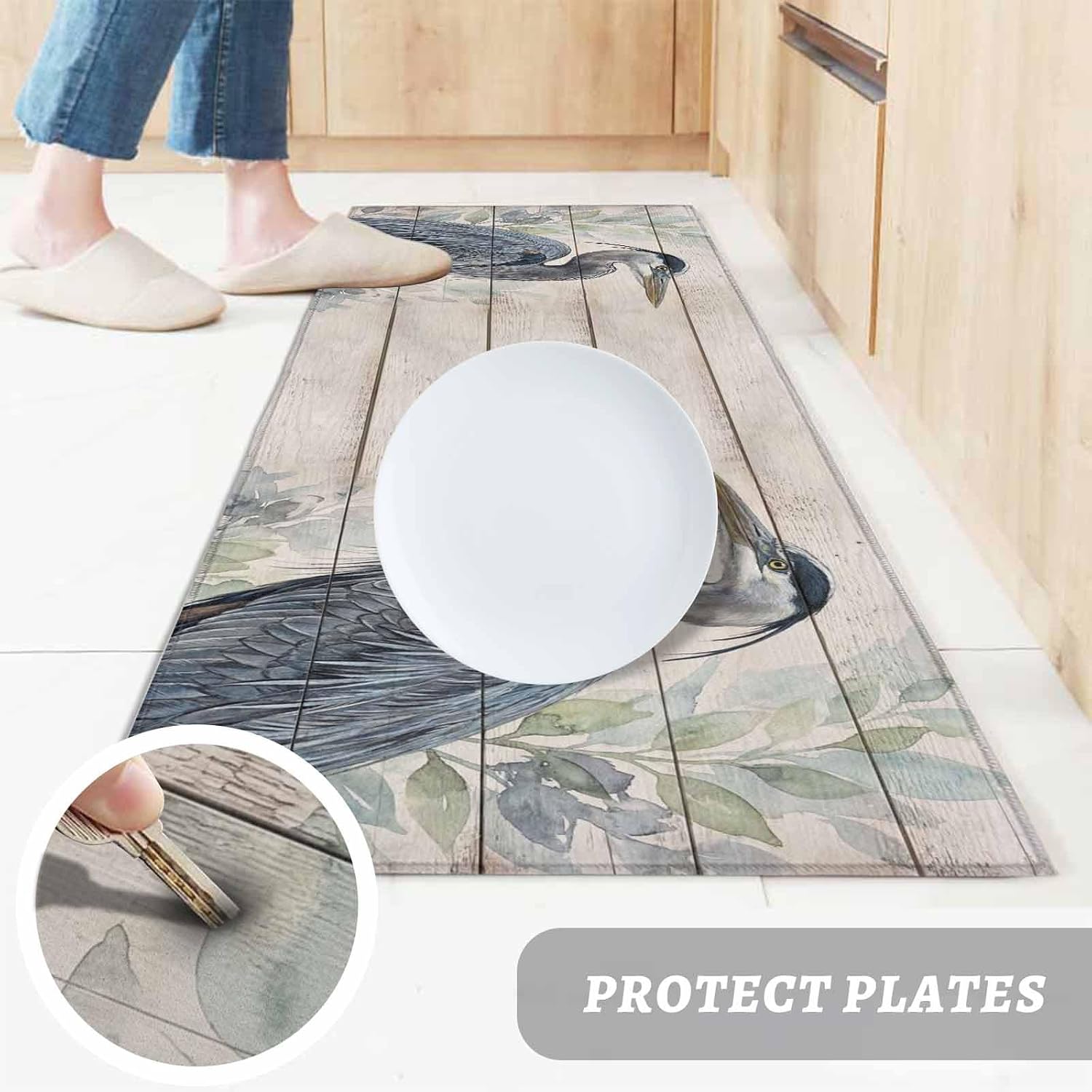 Teamery Kitchen Mats for Floor Farm Gray Heron on Wood Grain Washable Non Slip Kitchen Rugs 1PCS, Watercolor Leaves Animal Absorbent Standing Mats for Sink Bathroom Office Living Room 23.6x70.9in