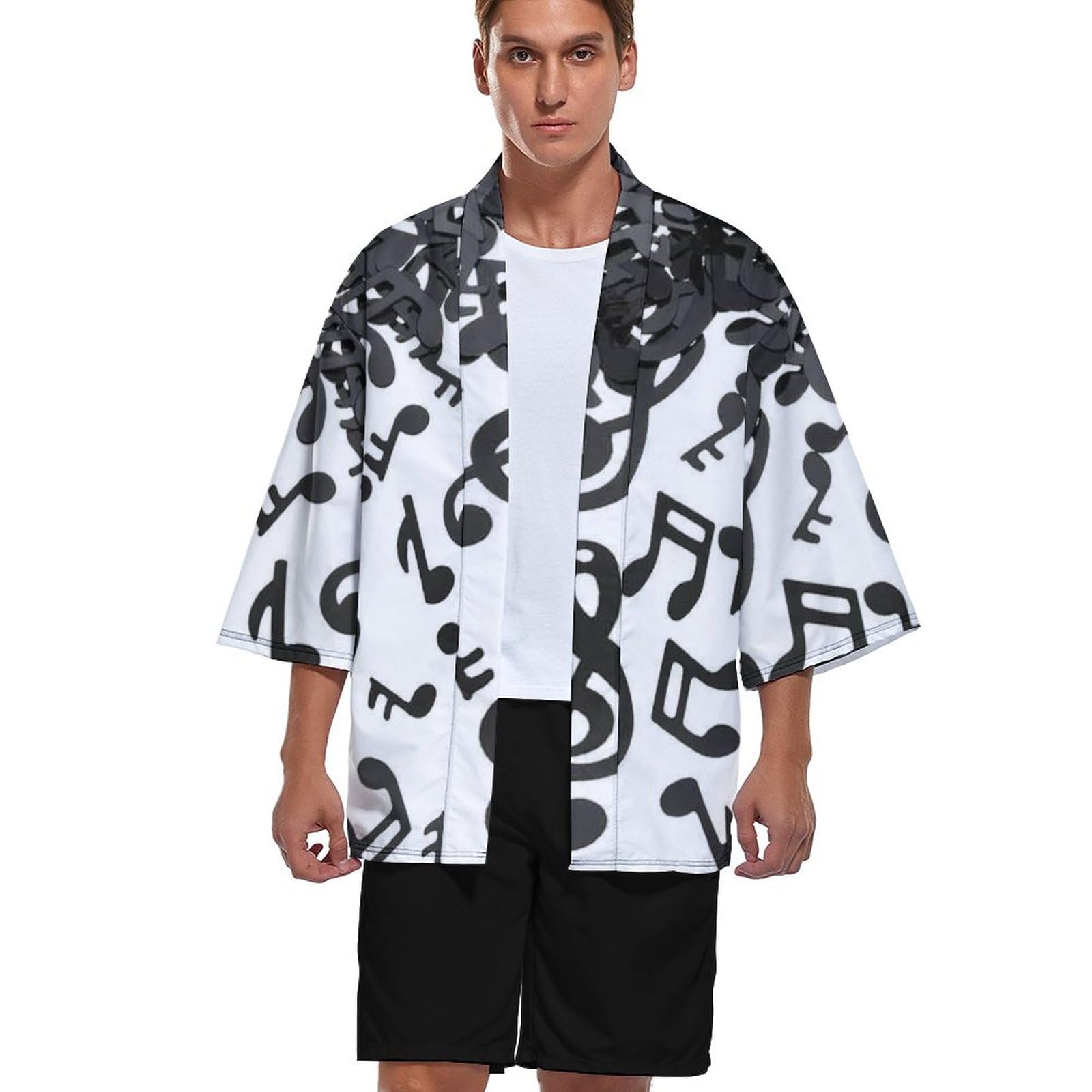 Amazon.co.jp: 夏服 音符柄 黒 ブラック 白 着物カーディガン