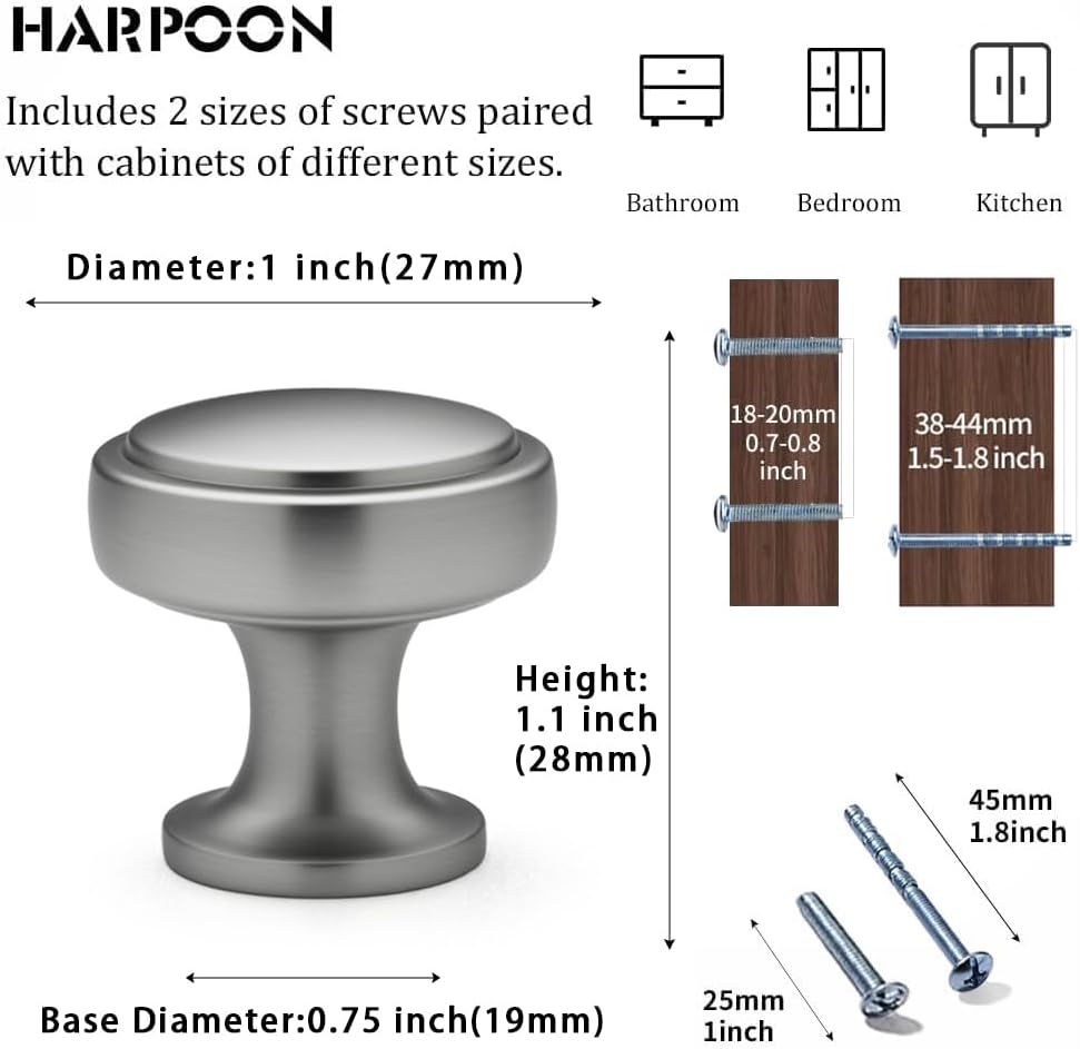 HARPOON 10 Pack Cabinet Knobs, Vintage Round Knob, Modern Pull Drawer Handle Wardrobe, 1 inch Single Hole, Brushed Nickel