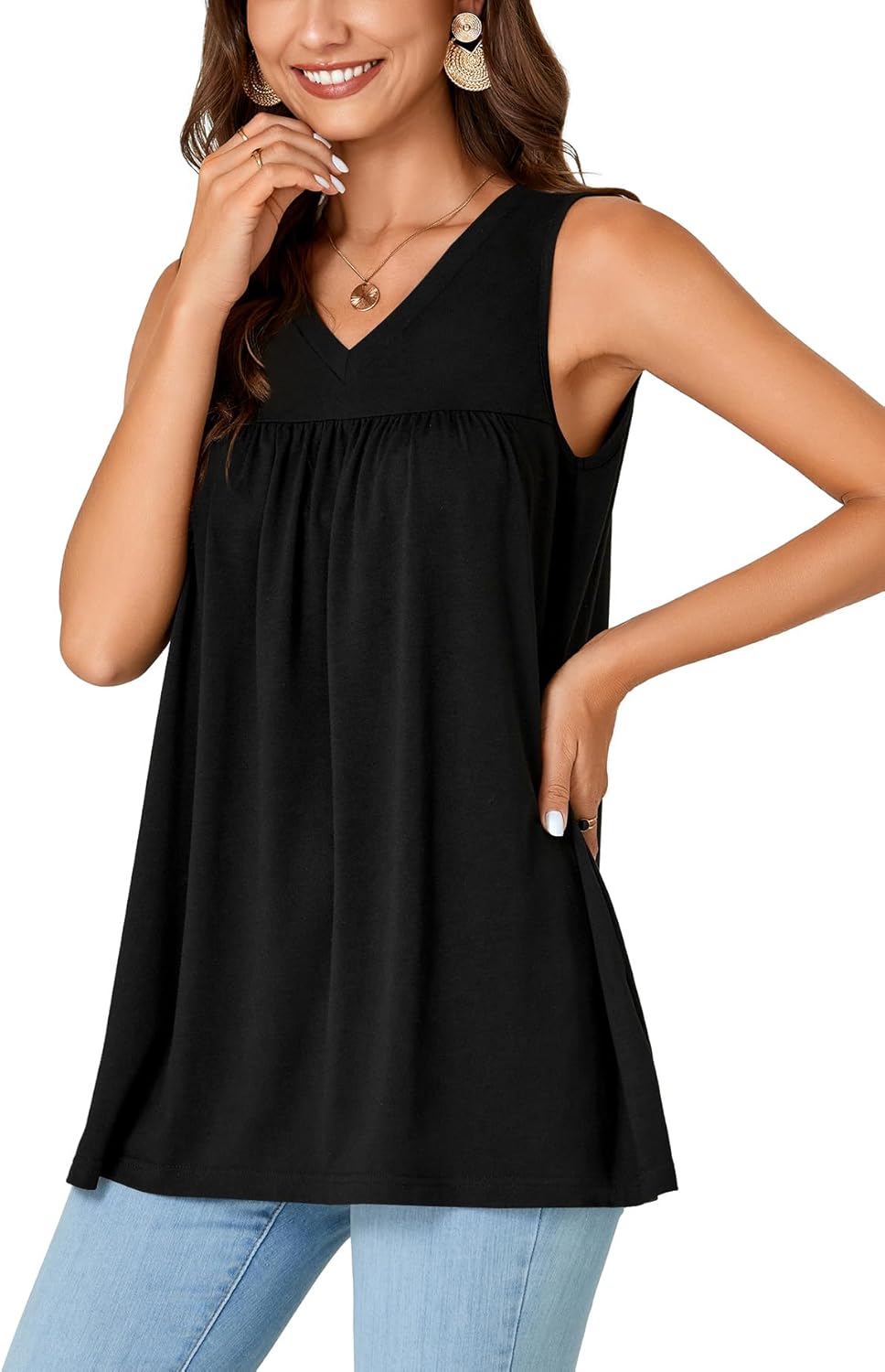 Vrtige Women's Summer Tank Top Casual V Neck Sleeveless Loose Fit Pleated Shirt Blouse - Image 3