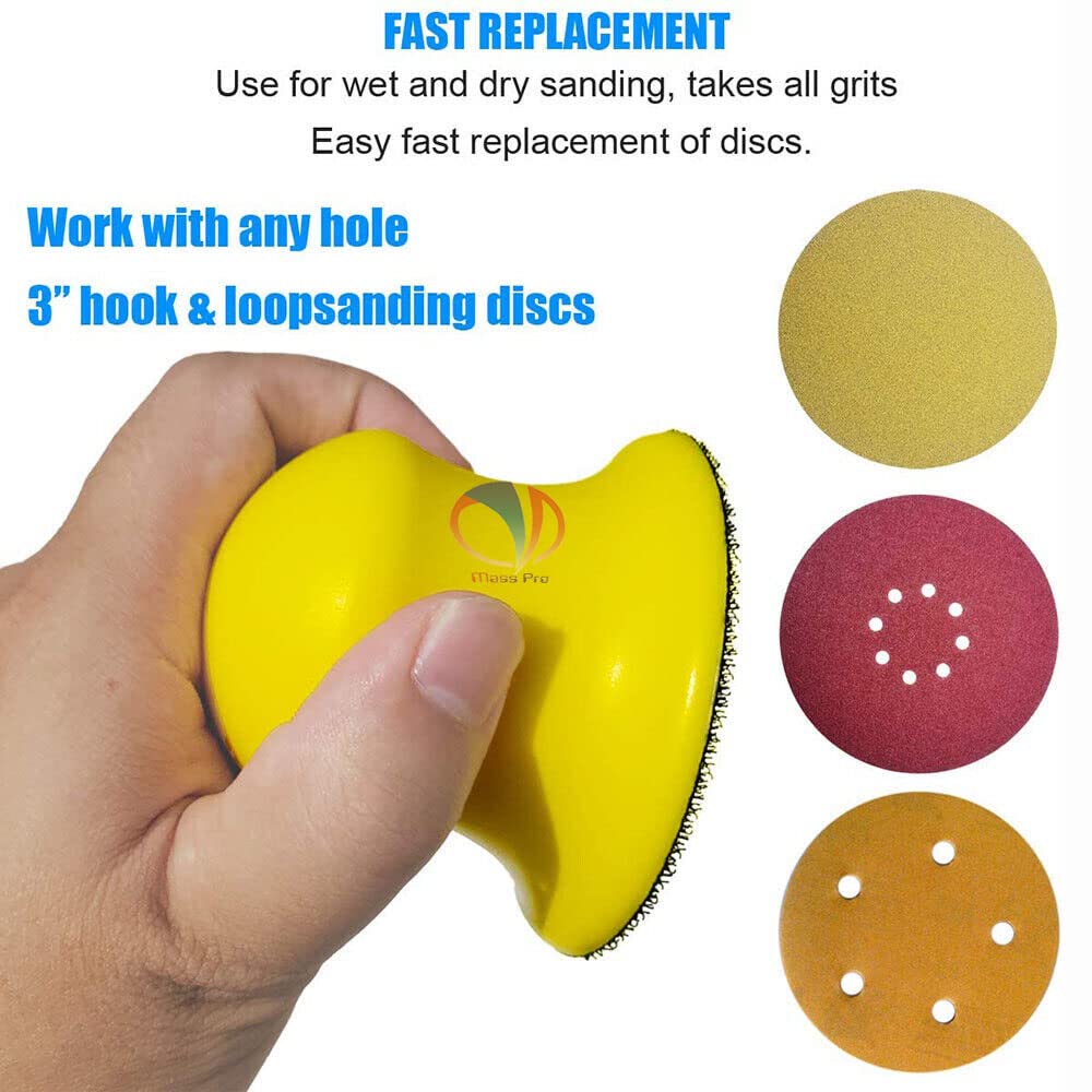 Mass Pro 3 Inch Hook & Loop Hand Sanding Block 72 x 65mm, Ergonomic Hand Grinding Block for Sanding Discs, Woodworking, Furniture Restoration, Automotive Body Repair, Paint Finishing & DIY 4